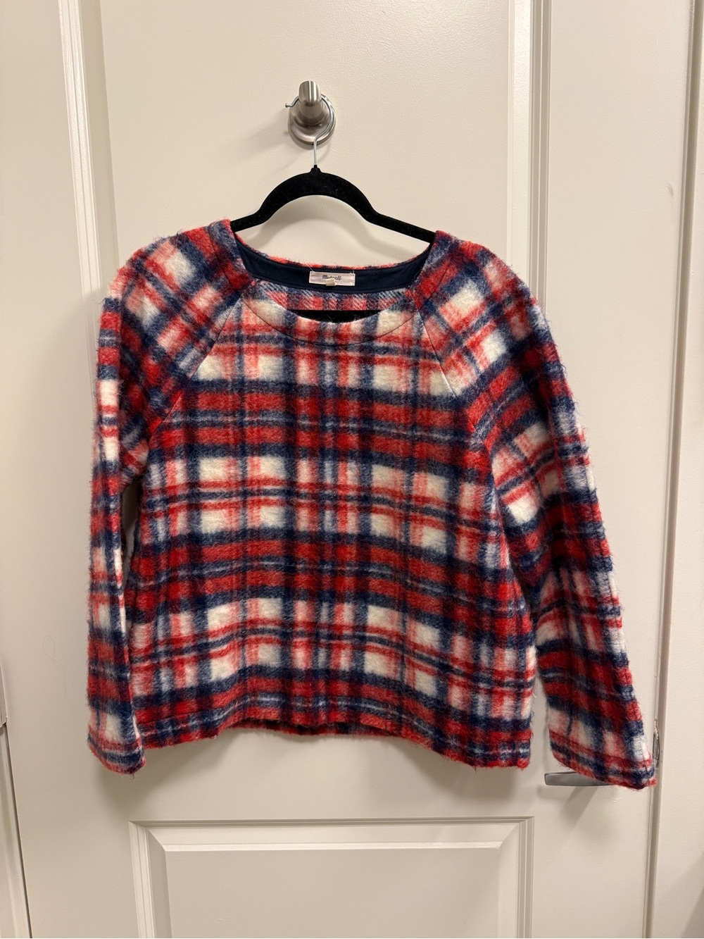 Madewell Sz L Wool Blend Pullover Sweater Brushed Plaid Red White Blue